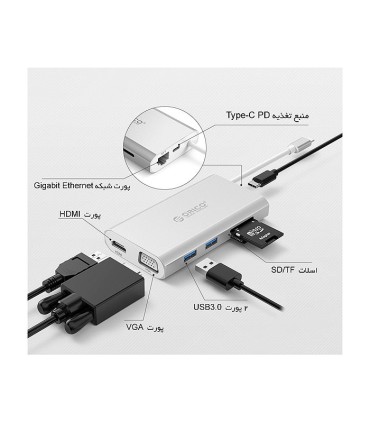 هاب 8 پورت Type C به USB 3.0 با پورت HDMI و VGA و LAN و درگاه کارت حافظه با قابلیت PD اوریکو ADS3