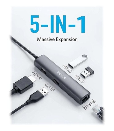 هاب 5 پورت Type C به USB 3.0 با پورت HDMI و LAN انکر 533 A8338