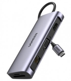 هاب 10 پورت Type C به 3.0 USB با پورت HDMI و VGA و LAN و میکروفون و درگاه کارت حافظه با قابلیت PD یوگرین 80133 CM179