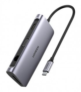 هاب 3 پورت Type C به 3.0 USB با یک پورت HDMI و VGA و LAN و درگاه کارت حافظه با قابلیت PD یوگرین 40873 CM179