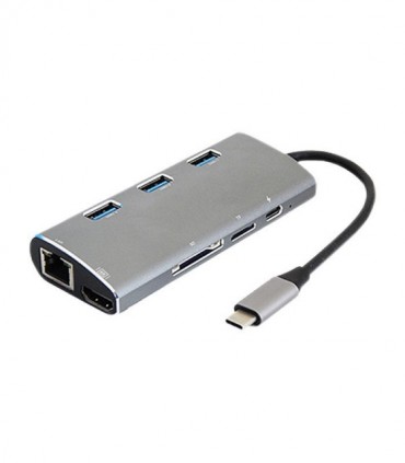 هاب 8 پورت Type C به 3.0 USB با پورت HDMI و LAN و درگاه کارت حافظه با قابلیت PD کی نت K-MFCMS808