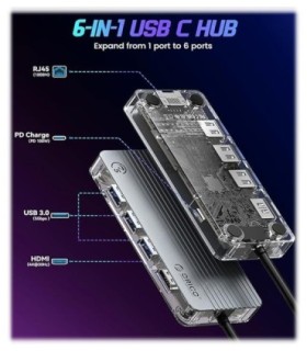 هاب 6 پورت Type C به USB 3.0 با پورت HDMI و LAN با قابلیت PD اوریکو WB-6RJ-V1