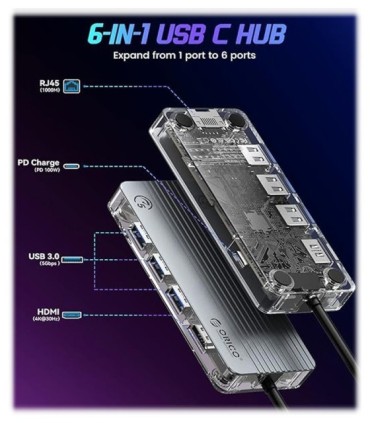 هاب 6 پورت Type C به USB 3.0 با پورت HDMI و LAN با قابلیت PD اوریکو WB-6RJ-V1
