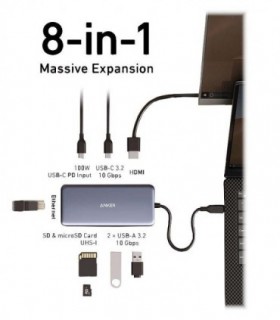 هاب 8 پورت Type C به USB 3.1 با پورت Type C و HDMI و LAN و درگاه کارت حافظه با قابلیت PD انکر 555 A8383 