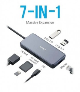 هاب 7 پورت Type C به USB 3.0 با پورت HDMI و LAN و درگاه کارت حافظه با قابلیت PD انکر A8352 