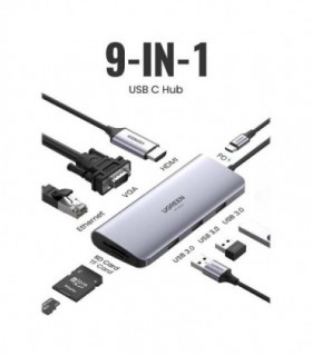 هاب 9 پورت Type C به 3.0 USB با پورت HDMI و VGA و LAN و درگاه کارت حافظه با قابلیت PD یوگرین 70490 CM179