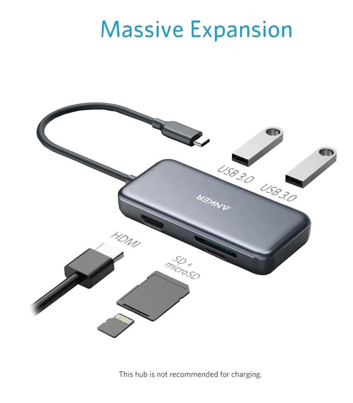 هاب 5 پورت Type C به USB 3.0 با پورت HDMI و درگاه کارت حافظه انکر A8334